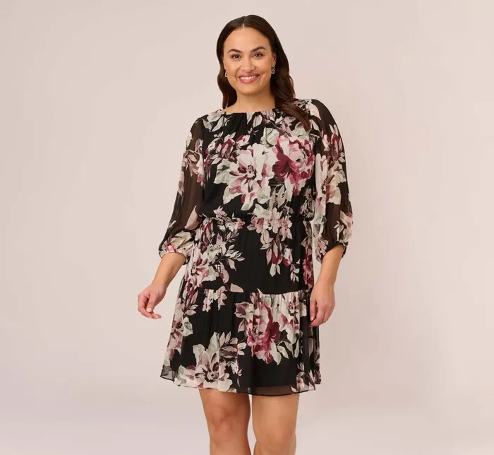 Adrianna Papell Day Dresses Plus Size Floral Chiffon Dress With Three Quarter Length Sleeves In Black Multi 8211 Women Adrianna Papell Day Dresses Plus Size Floral Chiffon Dress With Three Quarter Length Sleeves In Black Multi 8211 Women