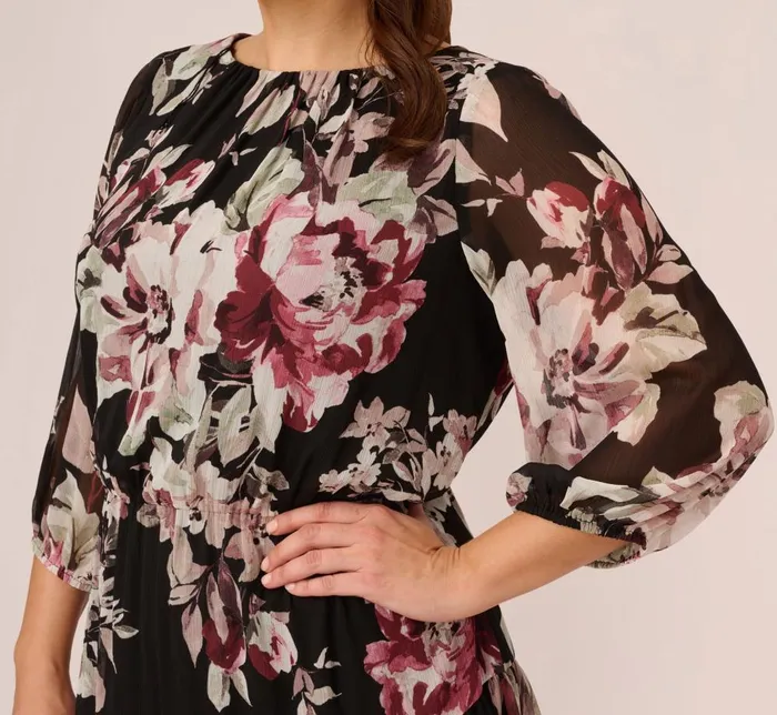 Adrianna Papell Day Dresses Plus Size Floral Chiffon Dress With Three Quarter Length Sleeves In Black Multi 8211 Women