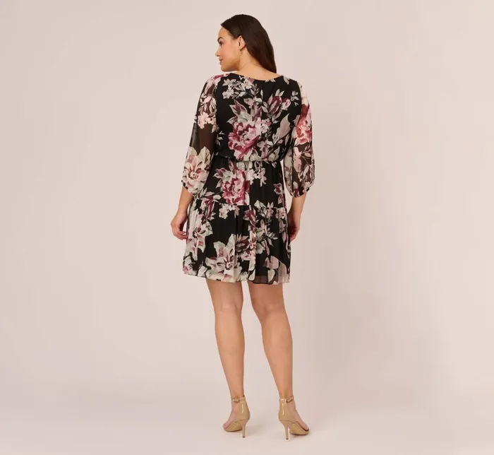 Adrianna Papell Day Dresses Plus Size Floral Chiffon Dress With Three Quarter Length Sleeves In Black Multi 8211 Women