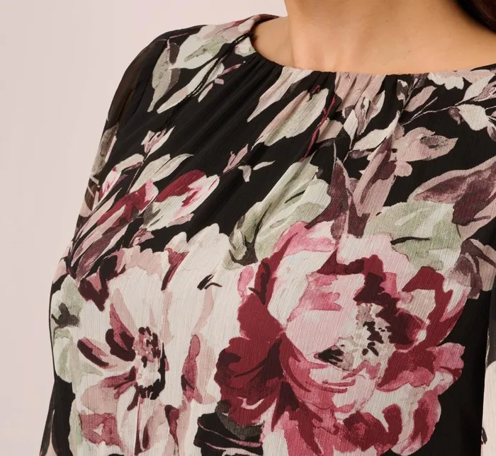 Adrianna Papell Day Dresses Plus Size Floral Chiffon Dress With Three Quarter Length Sleeves In Black Multi 8211 Women