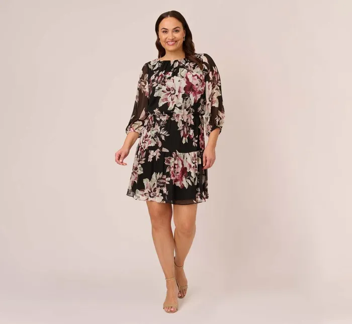 Adrianna Papell Day Dresses Plus Size Floral Chiffon Dress With Three Quarter Length Sleeves In Black Multi 8211 Women