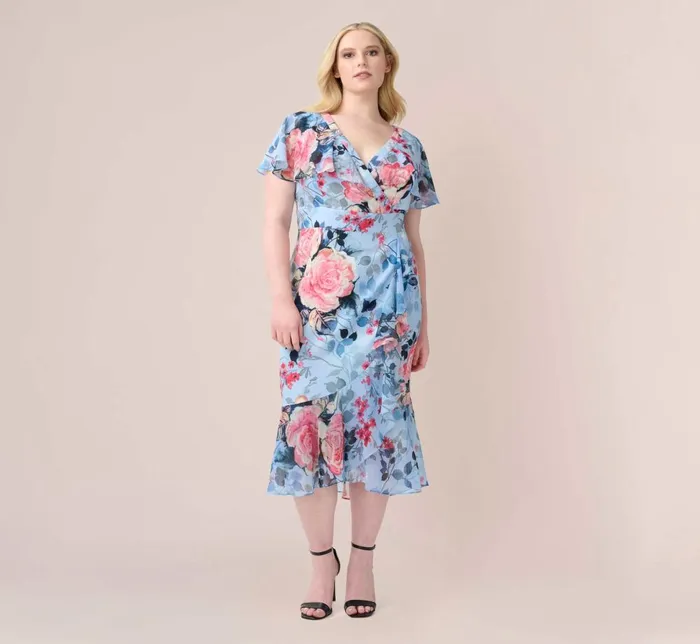 Adrianna Papell Day Dresses Plus Size Floral Faux Wrap Dress In Blue Multi 8211 Women