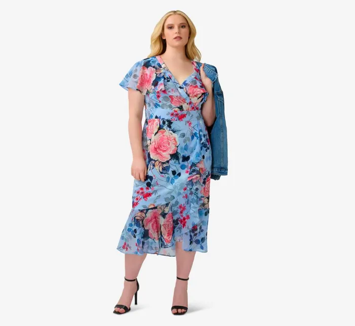 Adrianna Papell Day Dresses Plus Size Floral Faux Wrap Dress In Blue Multi 8211 Women