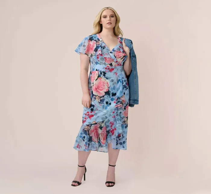 Adrianna Papell Day Dresses Plus Size Floral Faux Wrap Dress In Blue Multi 8211 Women