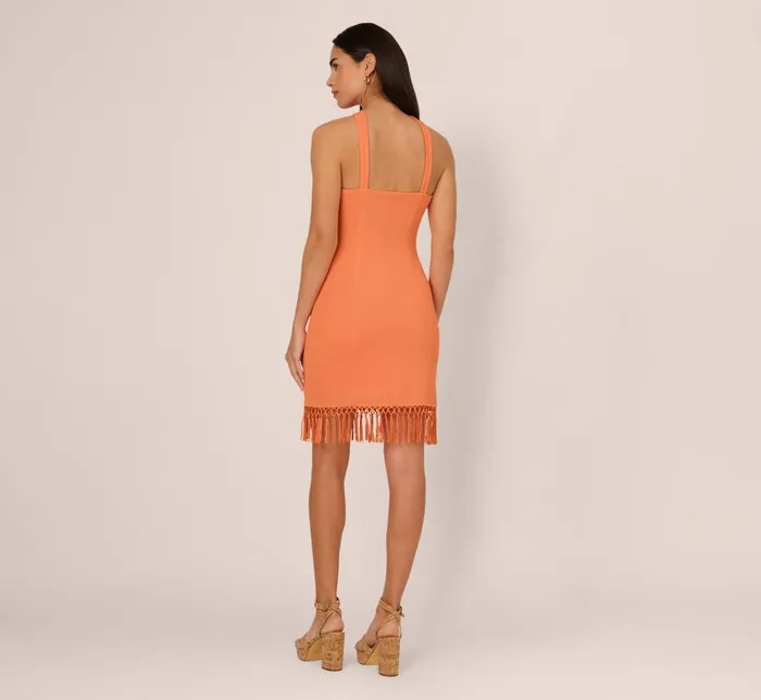 Adrianna Papell Day Dresses Rib Knit Halter Dress With Fringe Skirt In Tangerine 8211 Women