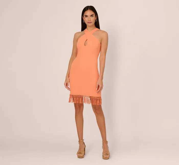 Adrianna Papell Day Dresses Rib Knit Halter Dress With Fringe Skirt In Tangerine 8211 Women
