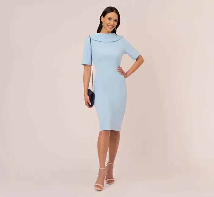 Adrianna Papell Day Dresses Short Sleeve Crepe Dress With Rolled Neck In Blue Mist 8211 Women