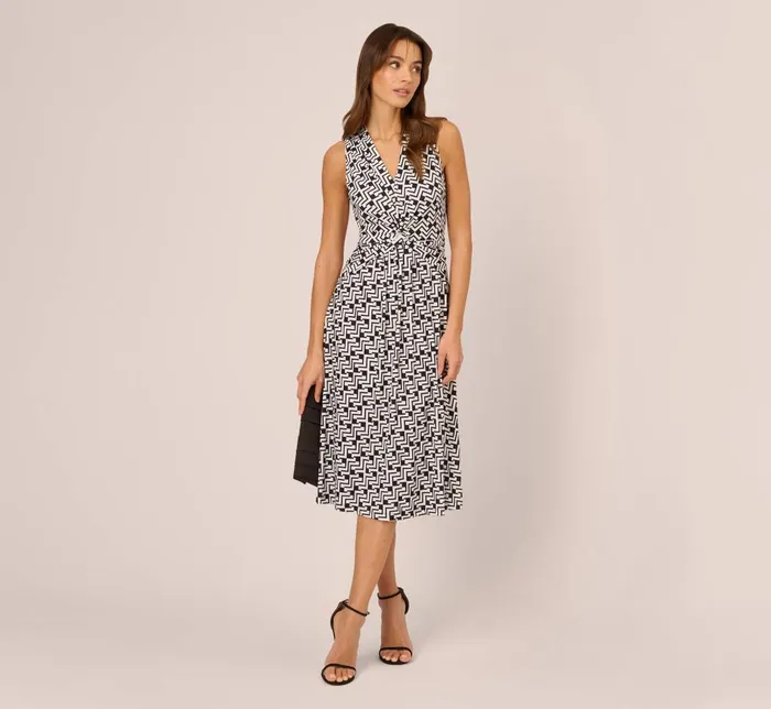 Adrianna Papell Day Dresses Sleeveless Geo Print Midi Dress With Knotted Detail In Black White 8211 Women