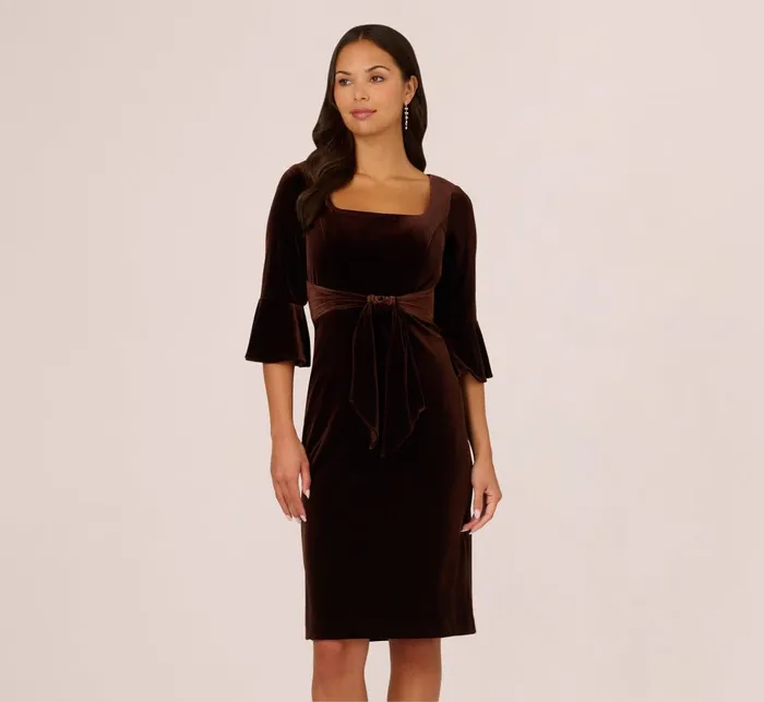 Adrianna Papell Day Dresses Velvet Tie Front Sheath Dress With Bell Sleeves In Dark Brown 8211 Women Adrianna Papell Day Dresses Velvet Tie Front Sheath Dress With Bell Sleeves In Dark Brown 8211 Women