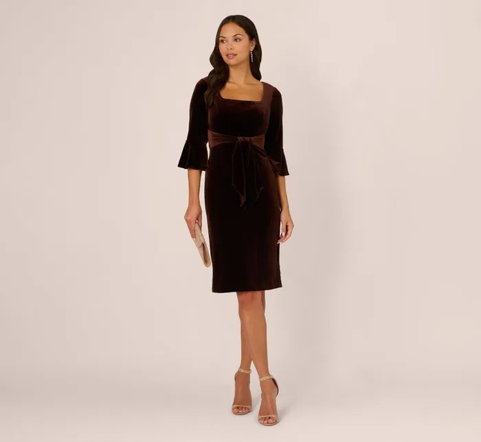 Adrianna Papell Day Dresses Velvet Tie Front Sheath Dress With Bell Sleeves In Dark Brown 8211 Women