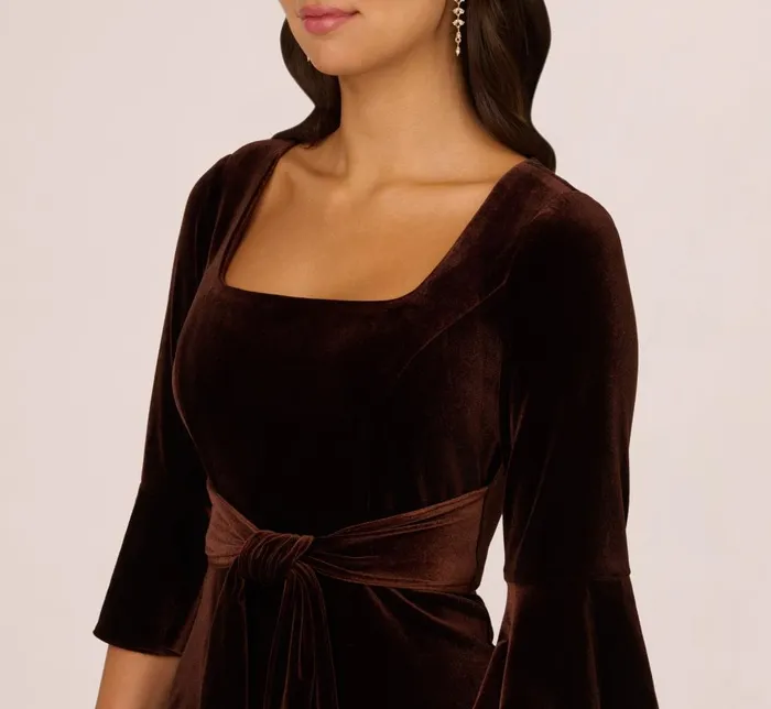 Adrianna Papell Day Dresses Velvet Tie Front Sheath Dress With Bell Sleeves In Dark Brown 8211 Women