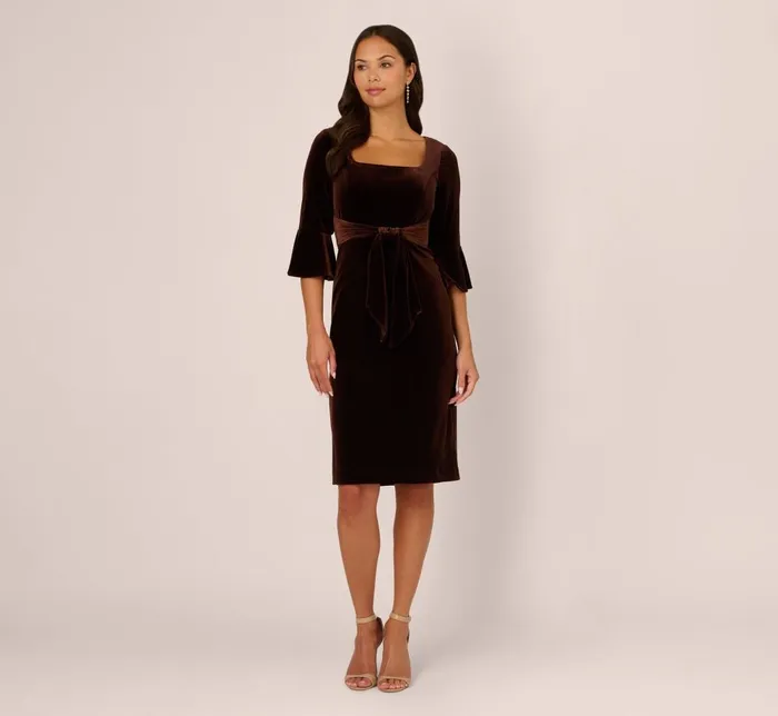 Adrianna Papell Day Dresses Velvet Tie Front Sheath Dress With Bell Sleeves In Dark Brown 8211 Women