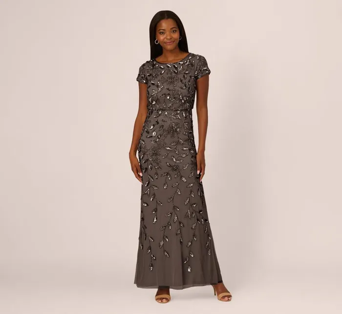 Adrianna Papell Formal Dresses Blouson Short Sleeve Beaded Long Dress In Lead 8211 Women Adrianna Papell Formal Dresses Blouson Short Sleeve Beaded Long Dress In Lead 8211 Women