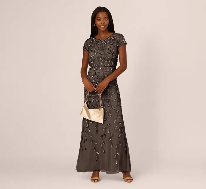 Adrianna Papell Formal Dresses Blouson Short Sleeve Beaded Long Dress In Lead 8211 Women