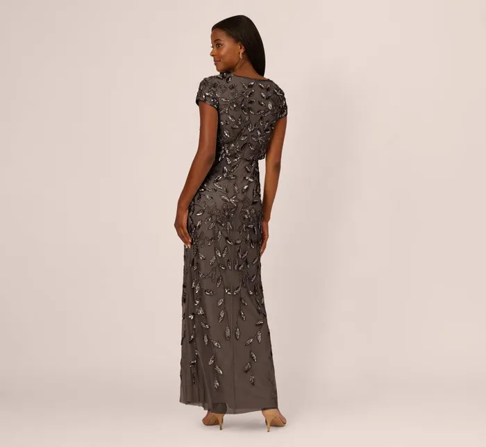 Adrianna Papell Formal Dresses Blouson Short Sleeve Beaded Long Dress In Lead 8211 Women