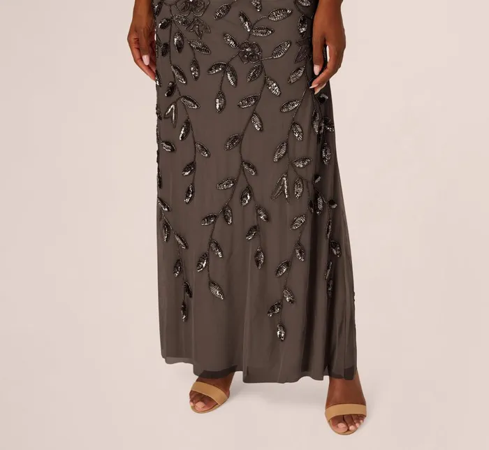 Adrianna Papell Formal Dresses Blouson Short Sleeve Beaded Long Dress In Lead 8211 Women