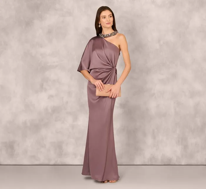 Adrianna Papell Formal Dresses Crepe Back Satin One Shoulder Long Dress In Moonstone 8211 Women
