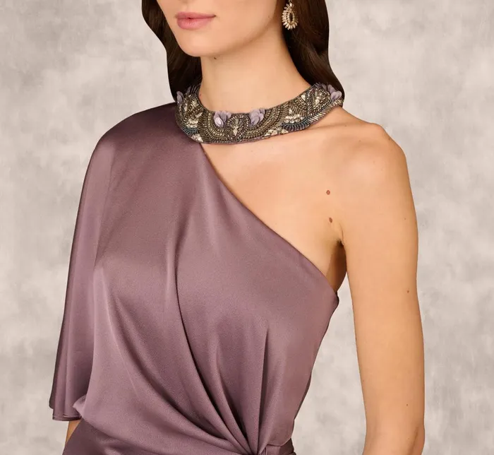 Adrianna Papell Formal Dresses Crepe Back Satin One Shoulder Long Dress In Moonstone 8211 Women