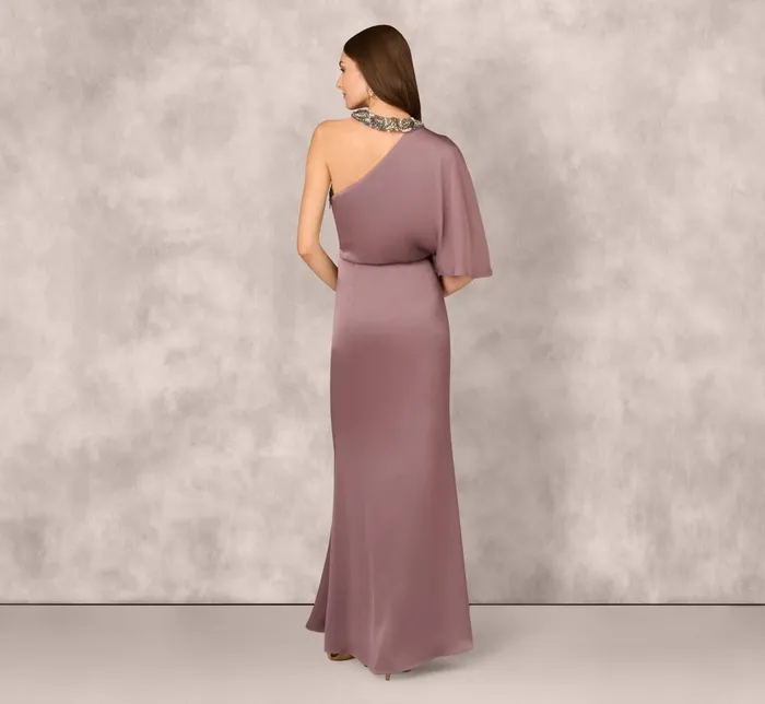 Adrianna Papell Formal Dresses Crepe Back Satin One Shoulder Long Dress In Moonstone 8211 Women