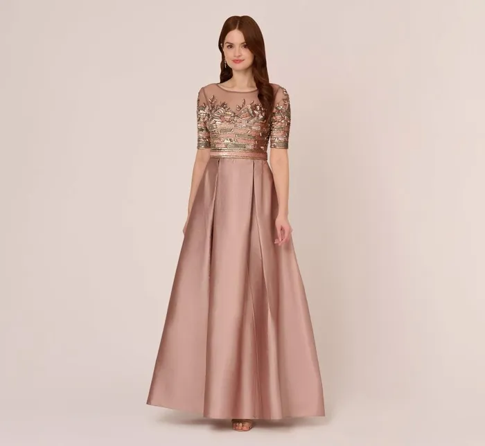 Adrianna Papell Formal Dresses Embellished Taffeta Gown With Sheer Elbow Length Sleeves In Stone 8211 Women Adrianna Papell Formal Dresses Embellished Taffeta Gown With Sheer Elbow Length Sleeves In Stone 8211 Women