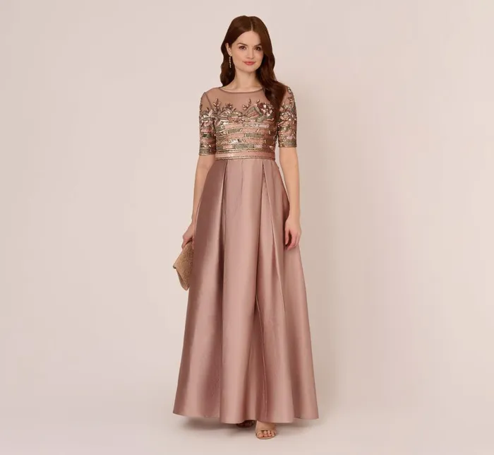 Adrianna Papell Formal Dresses Embellished Taffeta Gown With Sheer Elbow Length Sleeves In Stone 8211 Women