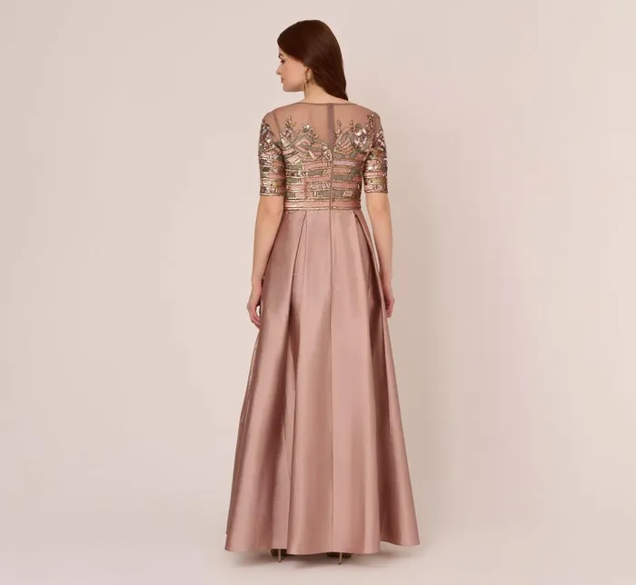 Adrianna Papell Formal Dresses Embellished Taffeta Gown With Sheer Elbow Length Sleeves In Stone 8211 Women