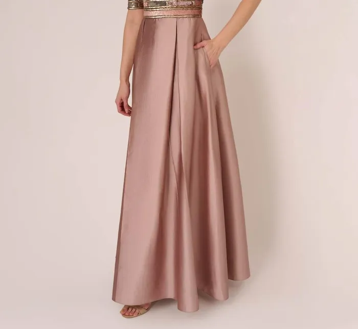 Adrianna Papell Formal Dresses Embellished Taffeta Gown With Sheer Elbow Length Sleeves In Stone 8211 Women