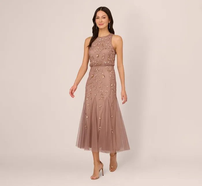 Adrianna Papell Formal Dresses Floral Beaded Blouson Tea Length Dress In Stone 8211 Women Adrianna Papell Formal Dresses Floral Beaded Blouson Tea Length Dress In Stone 8211 Women