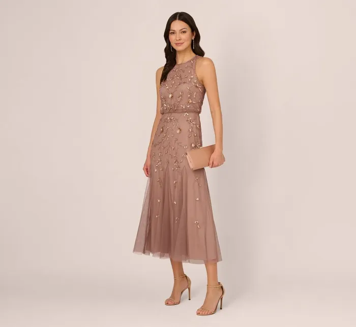 Adrianna Papell Formal Dresses Floral Beaded Blouson Tea Length Dress In Stone 8211 Women