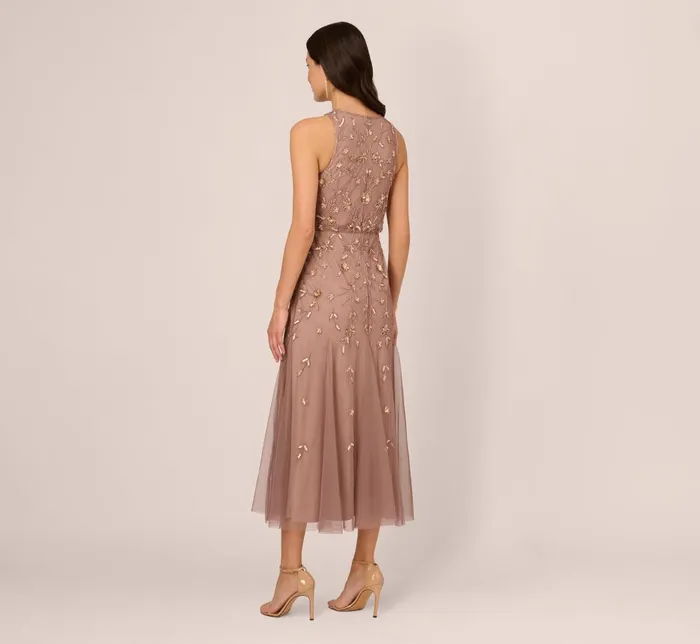 Adrianna Papell Formal Dresses Floral Beaded Blouson Tea Length Dress In Stone 8211 Women