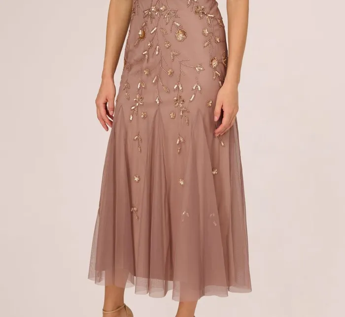 Adrianna Papell Formal Dresses Floral Beaded Blouson Tea Length Dress In Stone 8211 Women