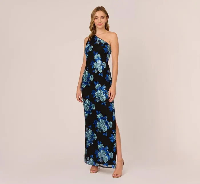 Adrianna Papell Formal Dresses Floral Sequin One Shoulder Column Gown In Black Blue Multi 8211 Women Adrianna Papell Formal Dresses Floral Sequin One Shoulder Column Gown In Black Blue Multi 8211 Women