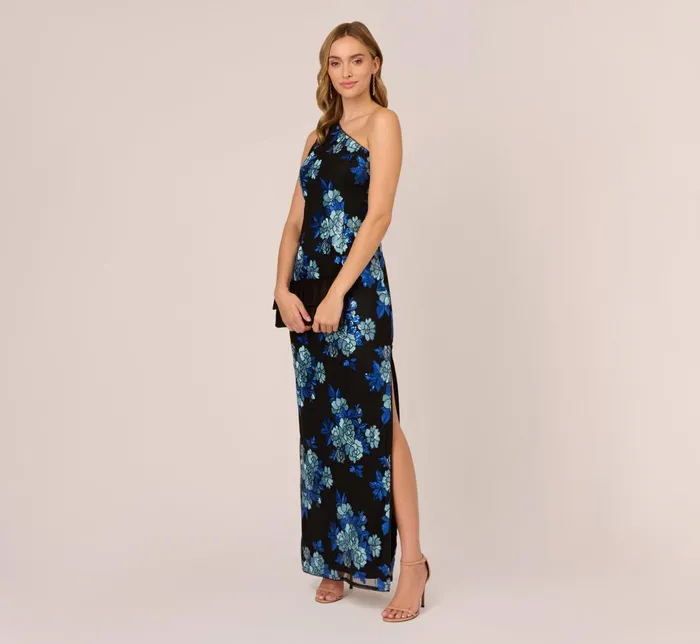 Adrianna Papell Formal Dresses Floral Sequin One Shoulder Column Gown In Black Blue Multi 8211 Women