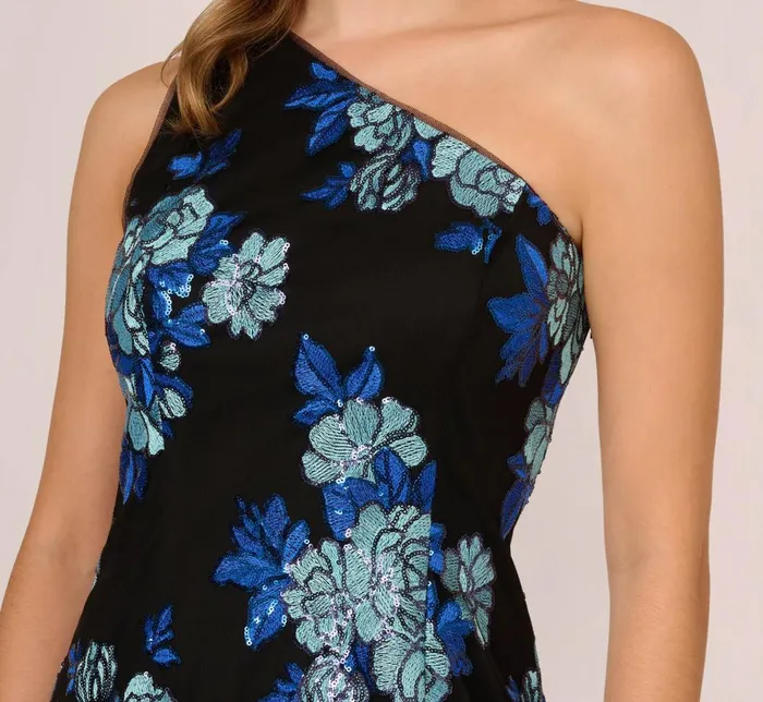 Adrianna Papell Formal Dresses Floral Sequin One Shoulder Column Gown In Black Blue Multi 8211 Women