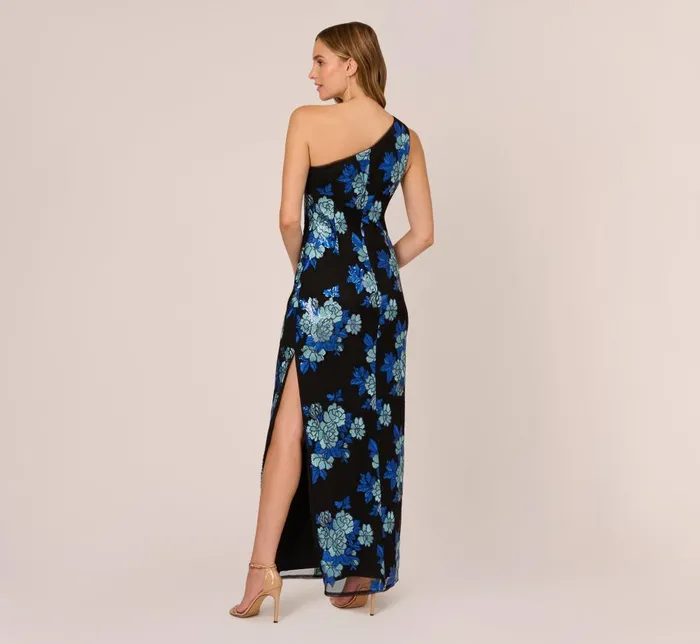 Adrianna Papell Formal Dresses Floral Sequin One Shoulder Column Gown In Black Blue Multi 8211 Women