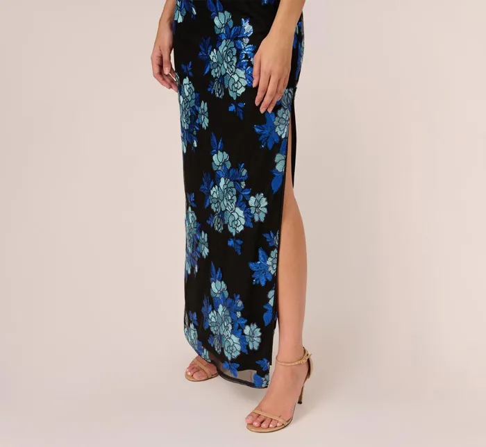 Adrianna Papell Formal Dresses Floral Sequin One Shoulder Column Gown In Black Blue Multi 8211 Women