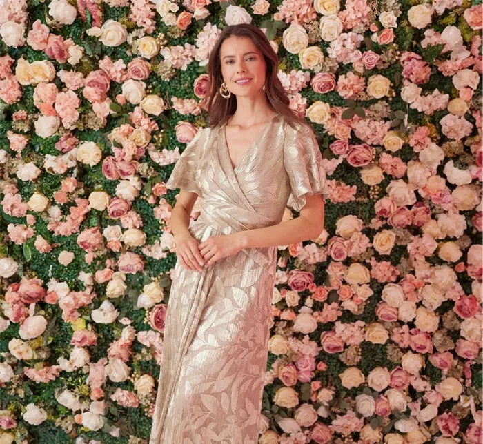 Adrianna Papell Formal Dresses Foil Leaf Short Sleeve Gown With Draped Details In Champagne Gold 8211 Women Adrianna Papell Formal Dresses Foil Leaf Short Sleeve Gown With Draped Details In Champagne Gold 8211 Women
