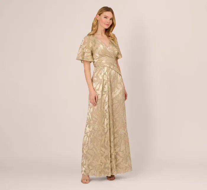 Adrianna Papell Formal Dresses Foil Leaf Short Sleeve Gown With Draped Details In Champagne Gold 8211 Women