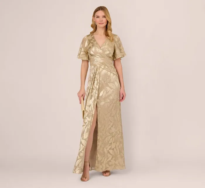 Adrianna Papell Formal Dresses Foil Leaf Short Sleeve Gown With Draped Details In Champagne Gold 8211 Women
