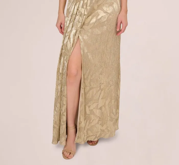 Adrianna Papell Formal Dresses Foil Leaf Short Sleeve Gown With Draped Details In Champagne Gold 8211 Women