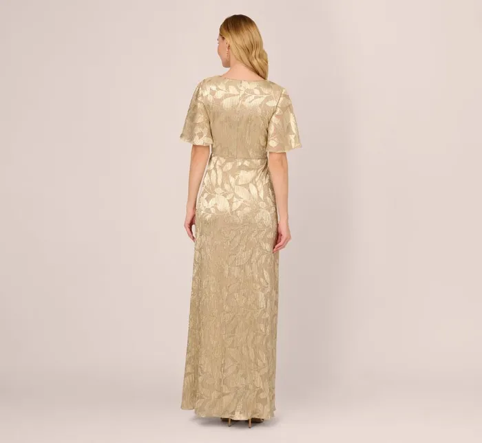Adrianna Papell Formal Dresses Foil Leaf Short Sleeve Gown With Draped Details In Champagne Gold 8211 Women
