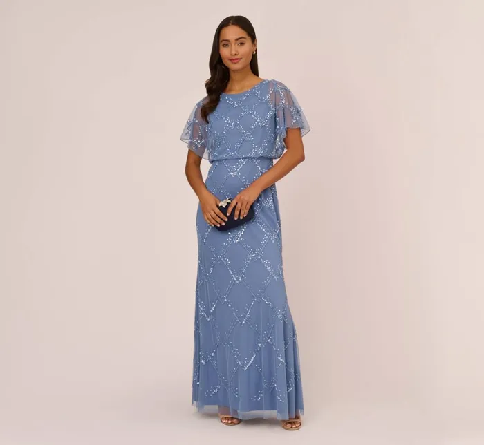 Adrianna Papell Formal Dresses HandBeaded Blouson Long Gown With Flutter Sleeves In French Blue 8211 Women Adrianna Papell Formal Dresses HandBeaded Blouson Long Gown With Flutter Sleeves In French Blue 8211 Women