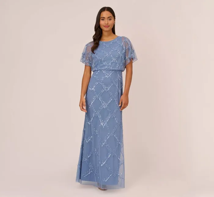 Adrianna Papell Formal Dresses HandBeaded Blouson Long Gown With Flutter Sleeves In French Blue 8211 Women
