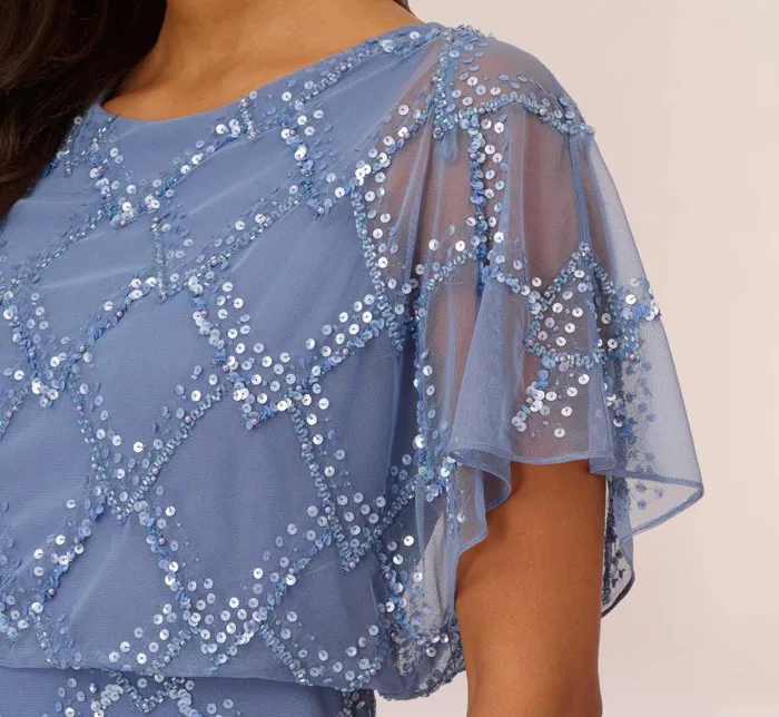 Adrianna Papell Formal Dresses HandBeaded Blouson Long Gown With Flutter Sleeves In French Blue 8211 Women