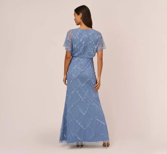 Adrianna Papell Formal Dresses HandBeaded Blouson Long Gown With Flutter Sleeves In French Blue 8211 Women
