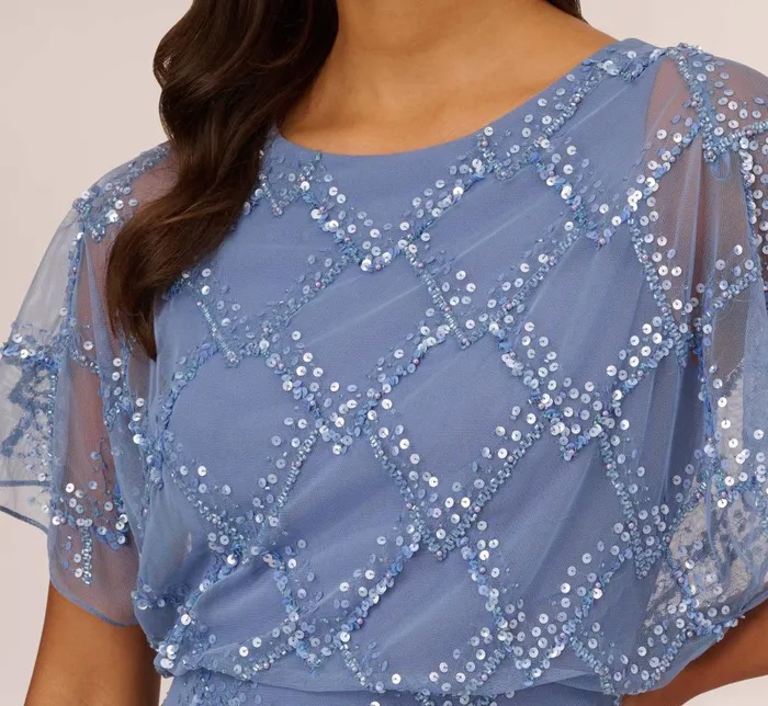 Adrianna Papell Formal Dresses HandBeaded Blouson Long Gown With Flutter Sleeves In French Blue 8211 Women