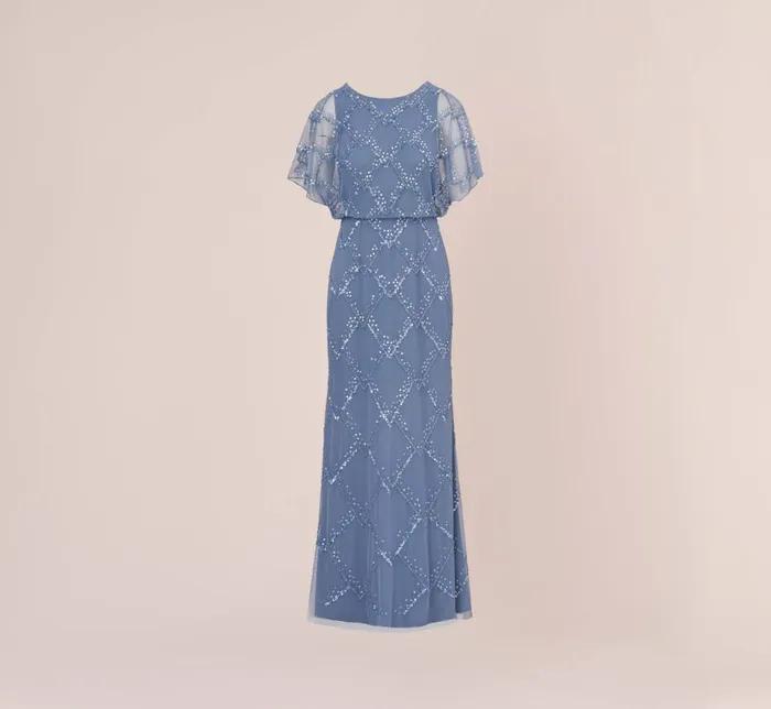Adrianna Papell Formal Dresses HandBeaded Blouson Long Gown With Flutter Sleeves In French Blue 8211 Women