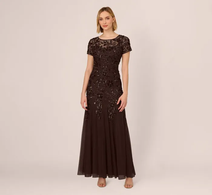Adrianna Papell Formal Dresses Hand Beaded Short Sleeve Floral Godet Gown In Chocolate 8211 Women Adrianna Papell Formal Dresses Hand Beaded Short Sleeve Floral Godet Gown In Chocolate 8211 Women
