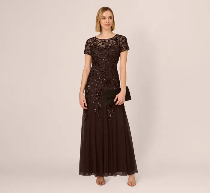 Adrianna Papell Formal Dresses Hand Beaded Short Sleeve Floral Godet Gown In Chocolate 8211 Women