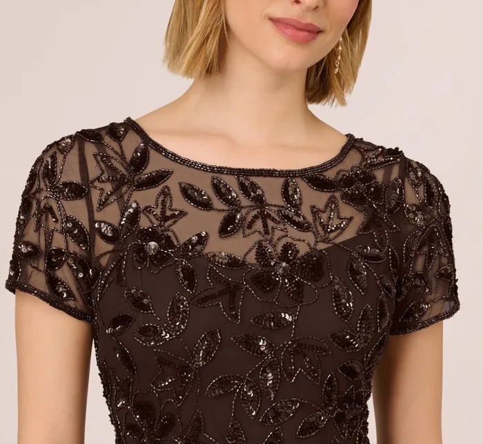 Adrianna Papell Formal Dresses Hand Beaded Short Sleeve Floral Godet Gown In Chocolate 8211 Women
